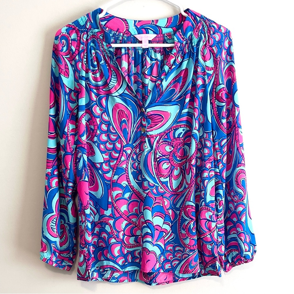 Lilly Pulitzer Elsa 100% Silk Long Sleeve Blouse Reel Me In